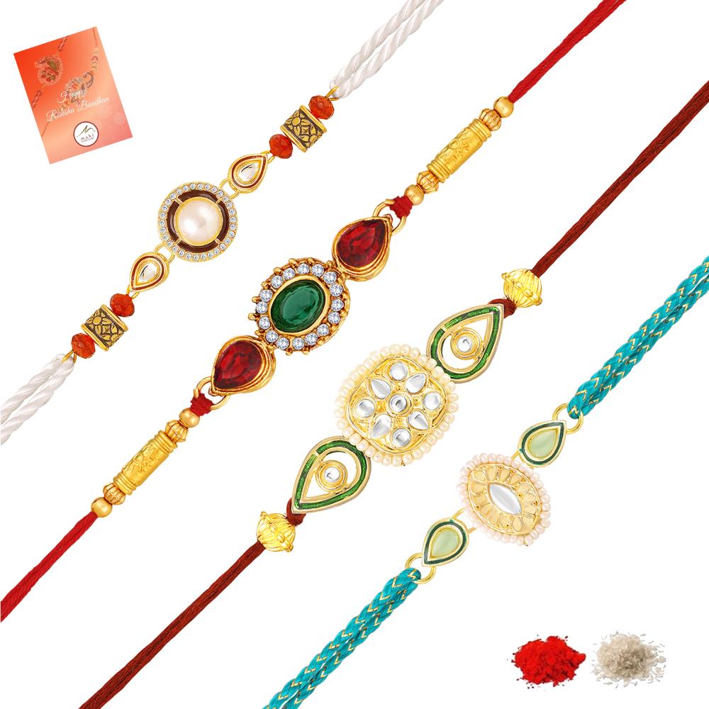 Mahi Trendy Rakhi Combo Set of 4 for Brother | Traditional Theme, Crystals and Artificial Pearl Rakhis (RCO1105837G)