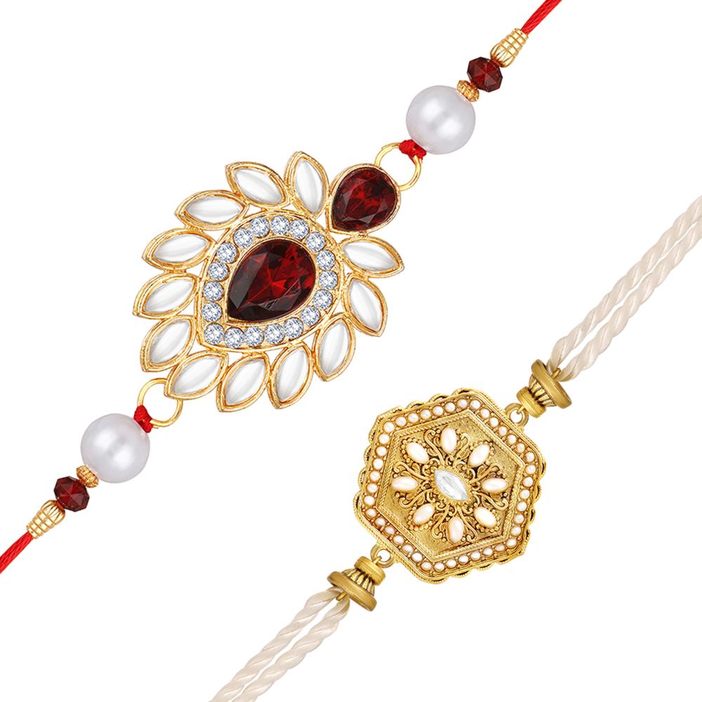 Mahi Premium Rakhi Combo Set of 2 for Brother | Crystals & Artificial Antique Finish Rakhis with Red Stone (RCO1105838G)