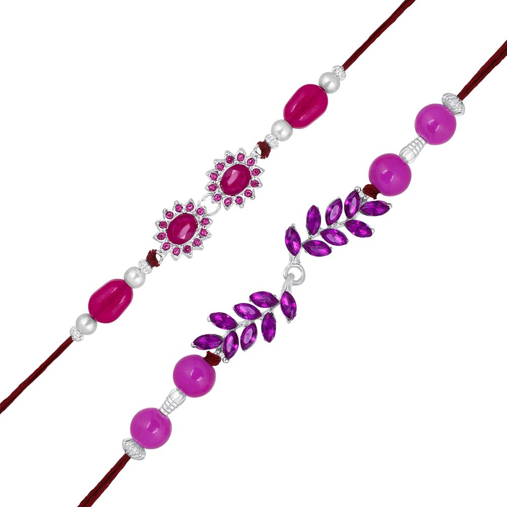 Mahi Magenta Stone Rakhi Combo Set of 2 for Brother | Elegant Purple Beaded & Crystal Leaf Rakhis in Silver Finish (RCO1105840R)