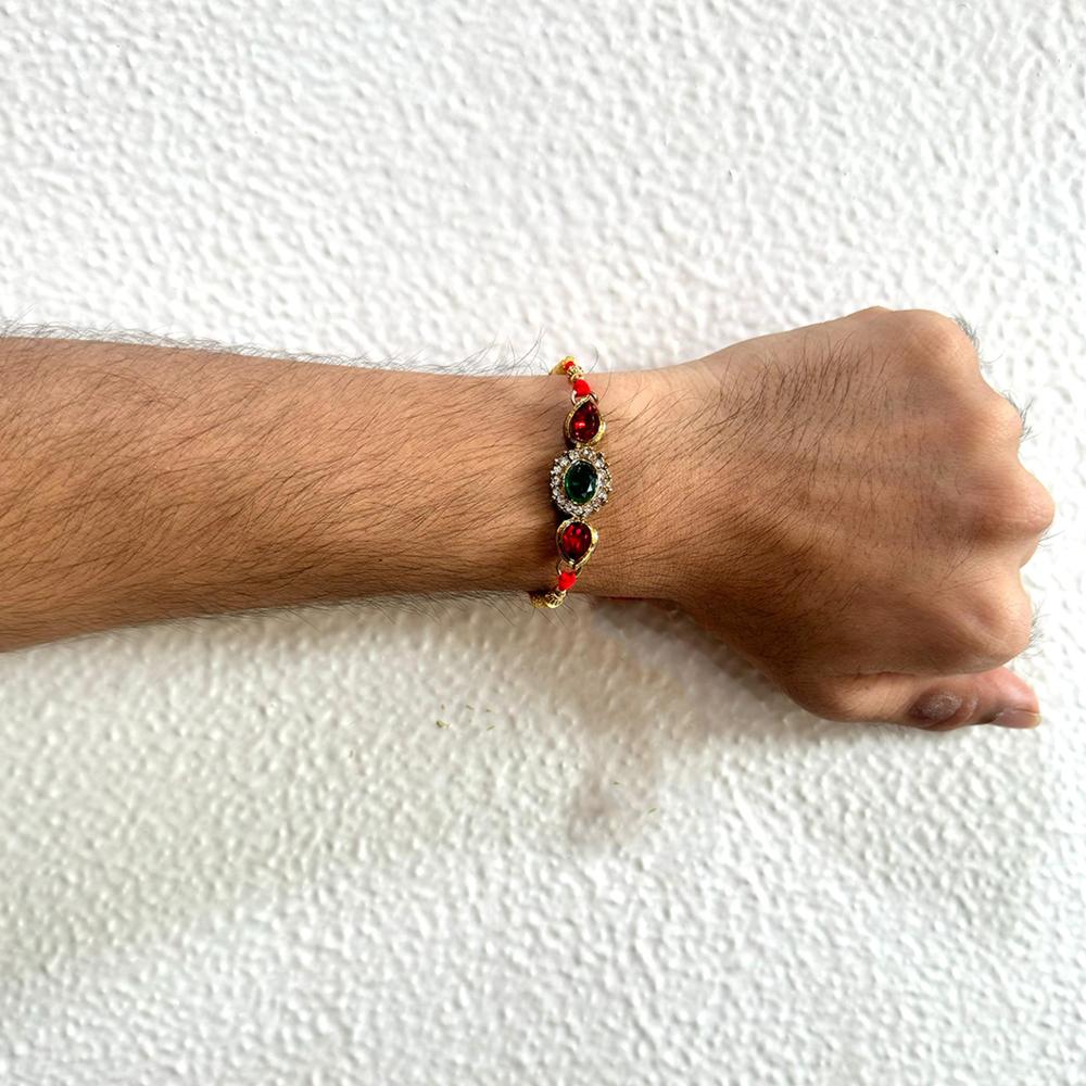 Mahi Royal Rakhi Combo Set of 2 for Brother | Red & Green Studded Crystals Rakhis with Golden Finish (RCO1105841G)