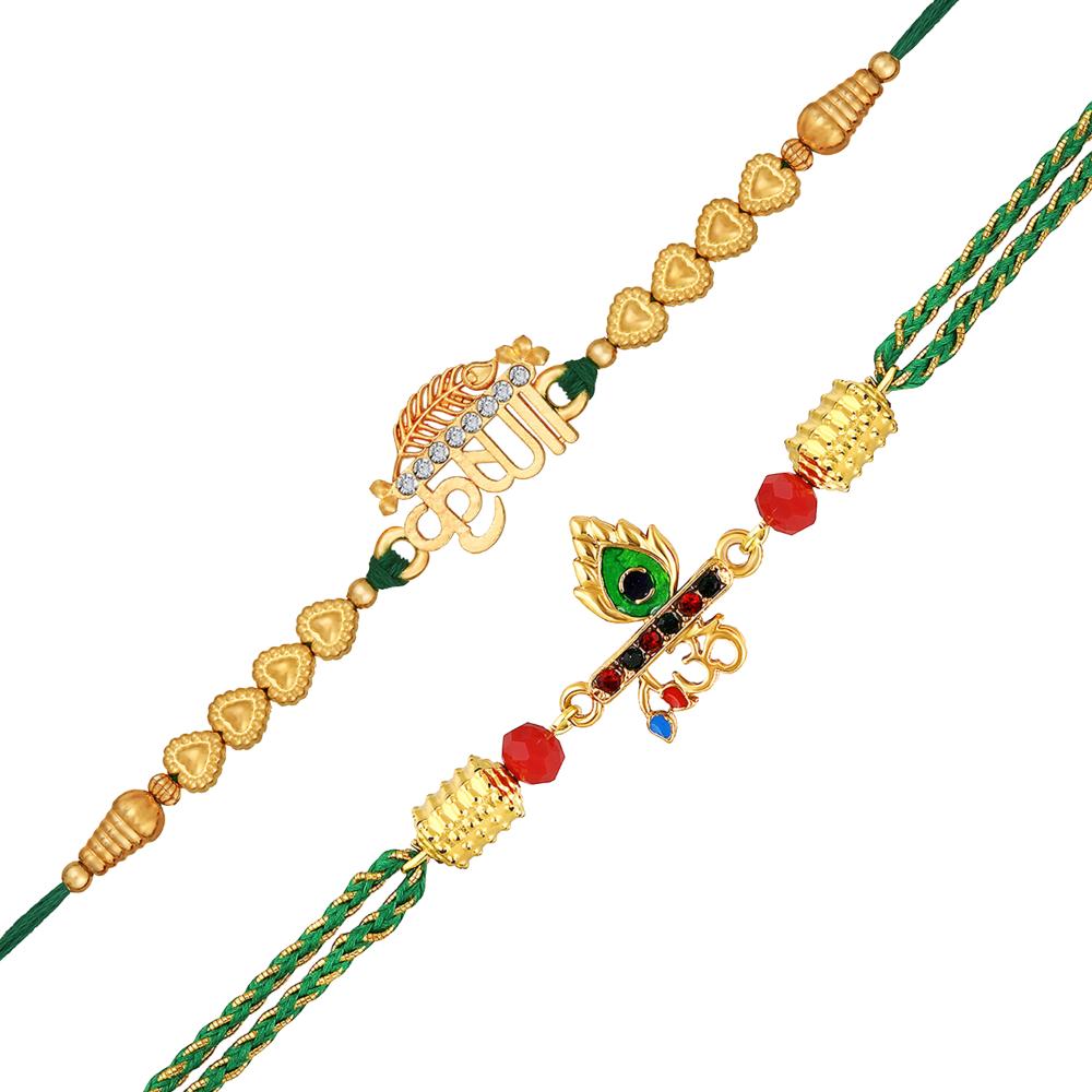 Mahi Spiritual Rakhi Combo Set of 2 for Brother | Golden Krishna and Om Rakhis with Sacred Green Threads & Studded Crystals (RCO1105843G)