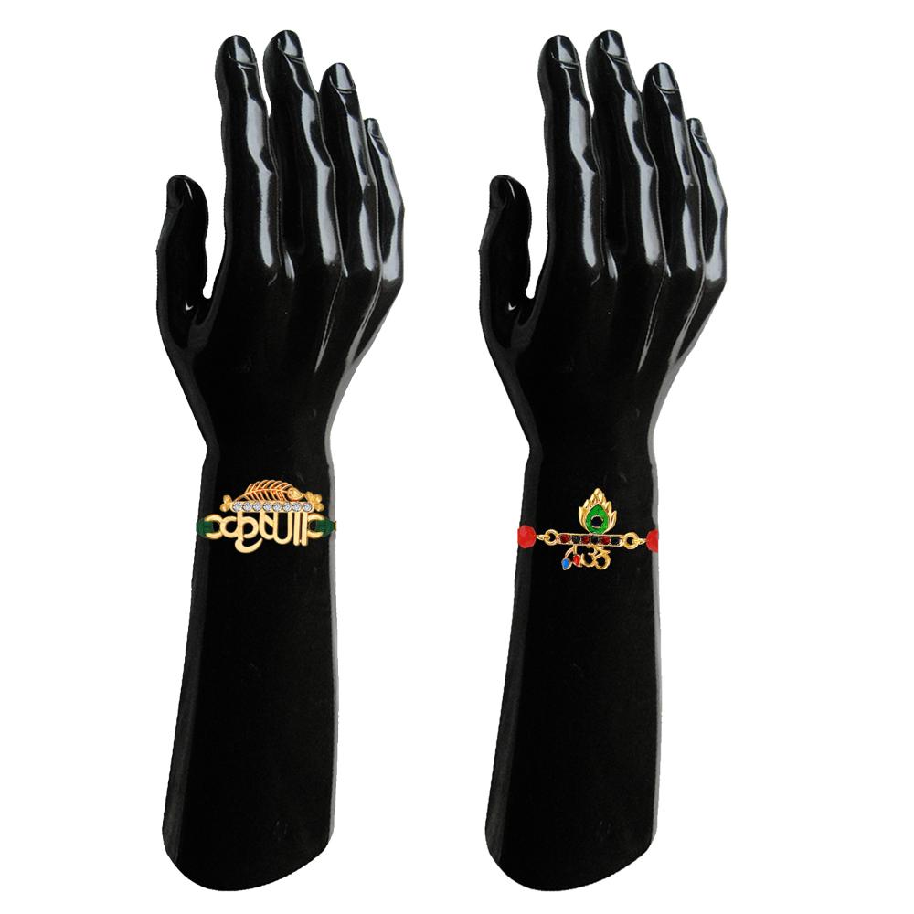 Mahi Spiritual Rakhi Combo Set of 2 for Brother | Golden Krishna and Om Rakhis with Sacred Green Threads & Studded Crystals (RCO1105843G)