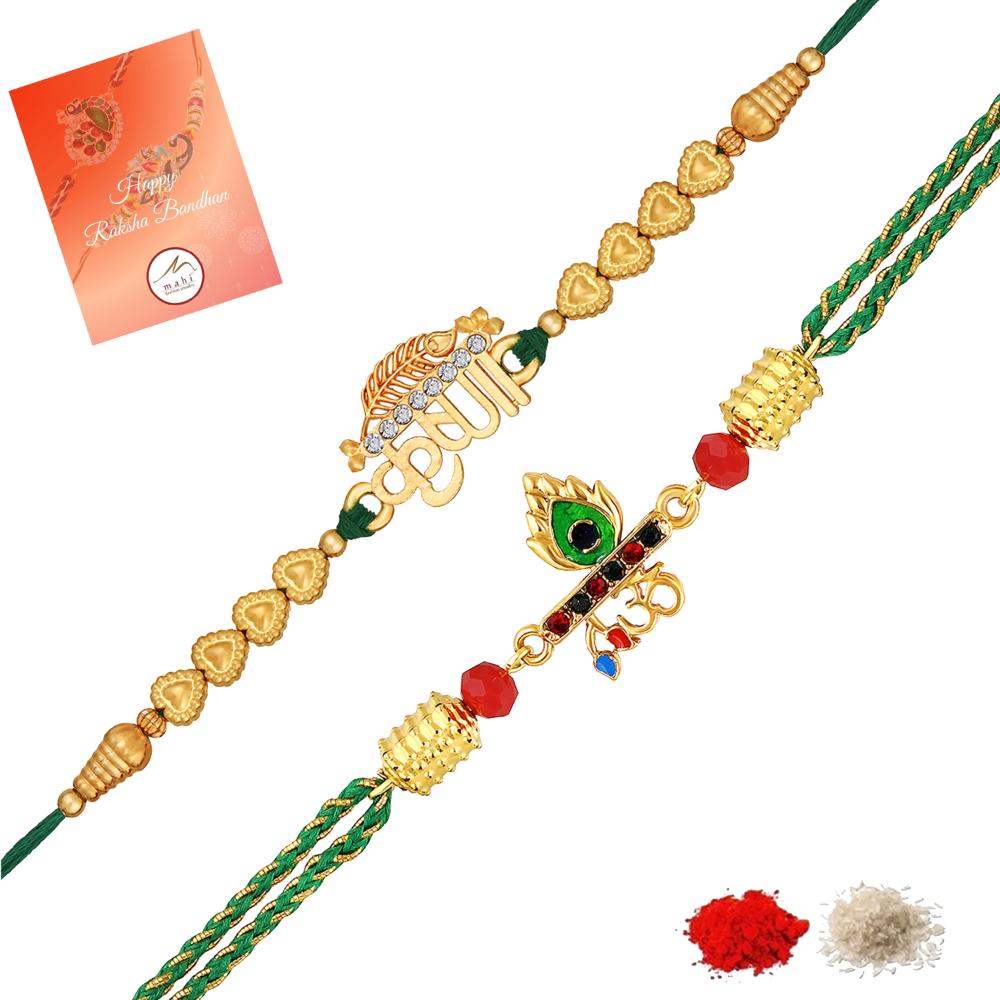 Mahi Spiritual Rakhi Combo Set of 2 for Brother | Golden Krishna and Om Rakhis with Sacred Green Threads & Studded Crystals (RCO1105843G)