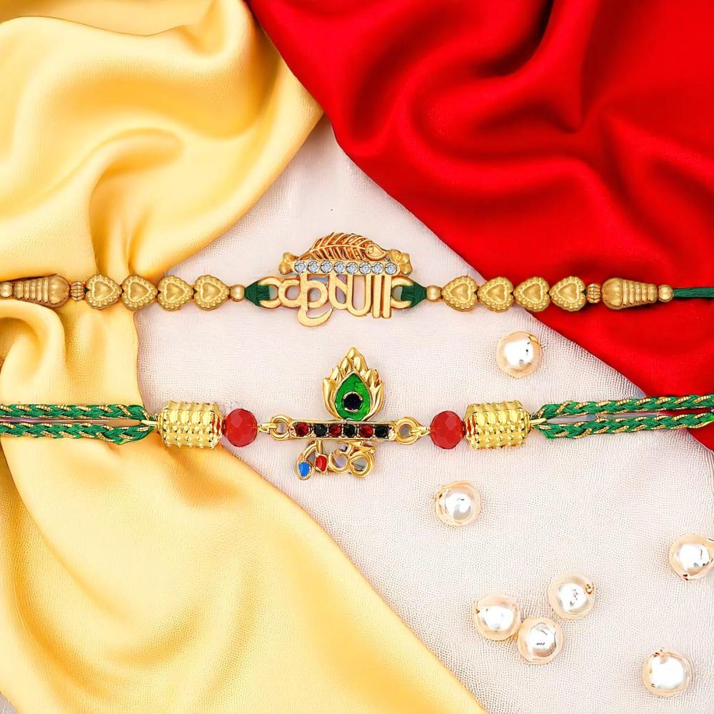Mahi Spiritual Rakhi Combo Set of 2 for Brother | Golden Krishna and Om Rakhis with Sacred Green Threads & Studded Crystals (RCO1105843G)