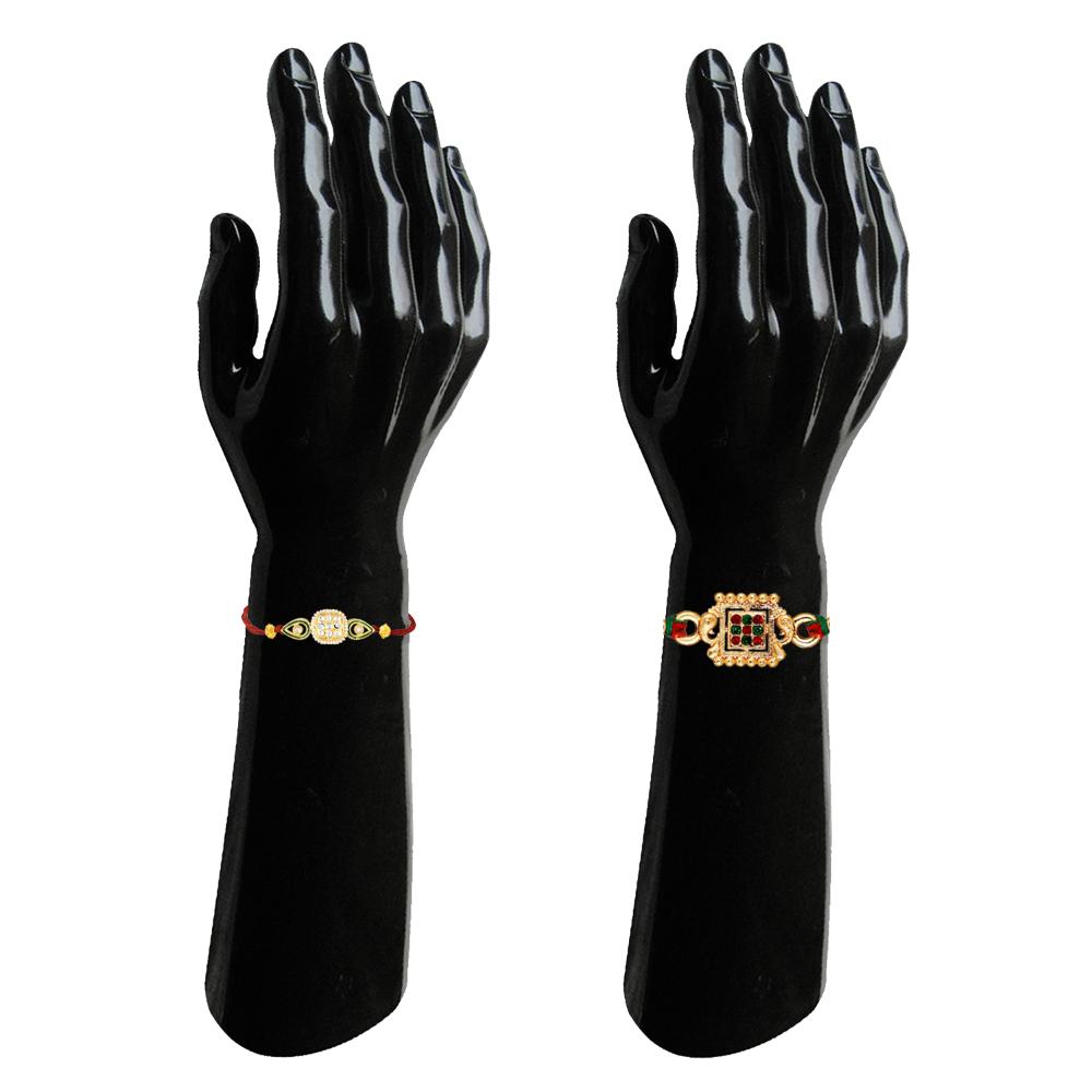 Mahi Traditional Rakhi Combo Set of 2 for Brother | Antique Gold Ganpati Face and Meena Enamel (RCO1105844G)