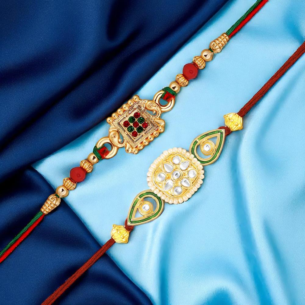 Mahi Traditional Rakhi Combo Set of 2 for Brother | Antique Gold Ganpati Face and Meena Enamel (RCO1105844G)