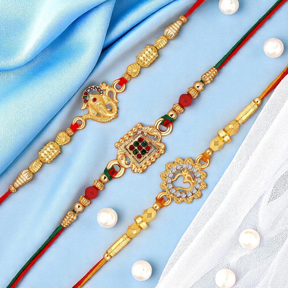 Mahi Divine Rakhi Combo Set of 3 Ganesha, Om, and Traditional Rakhis for Brother (RCO1105847G)