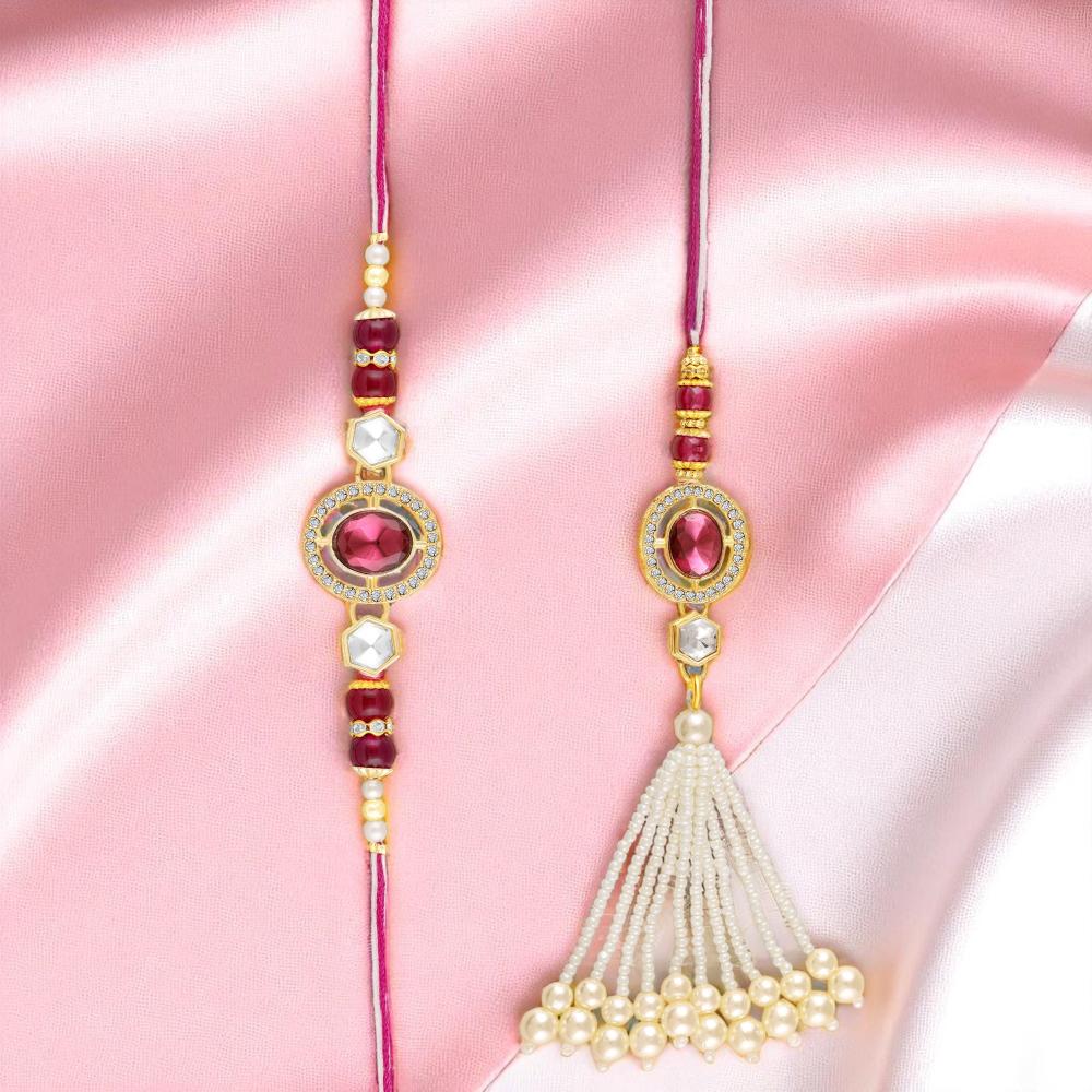 Mahi Elegant Kundan Couple Rakhi Set with Pearl Tassels for Bhaiya and Bhabhi (RCOL1105848G)