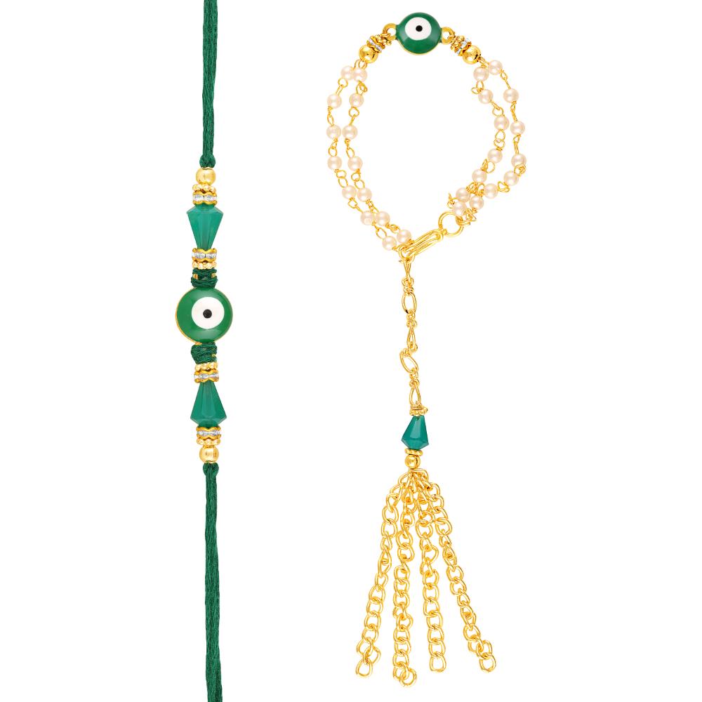 Mahi Evil Eye Bhaiya Bhabhi Rakhi with Artificial Pearl Chain Lumba & Green Thread (RCOL1105849G)