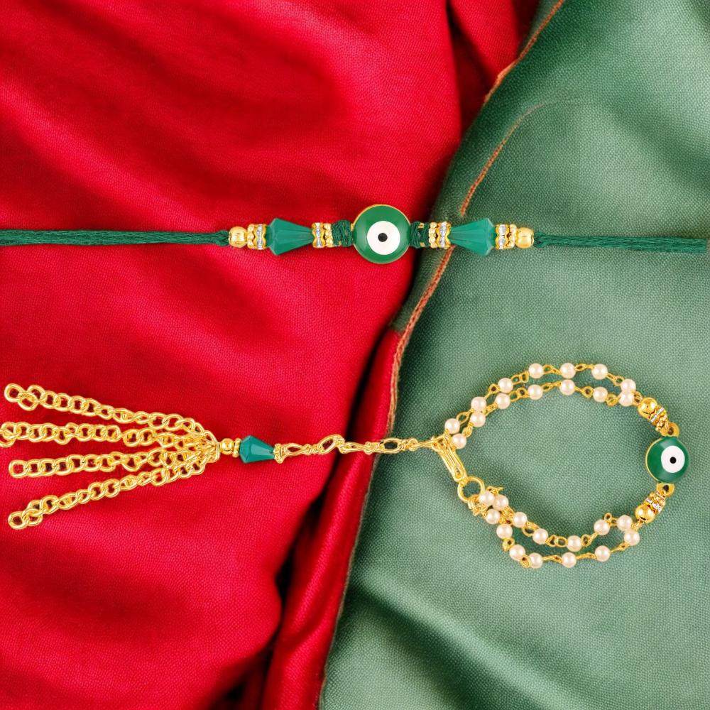 Mahi Evil Eye Bhaiya Bhabhi Rakhi with Artificial Pearl Chain Lumba & Green Thread (RCOL1105849G)