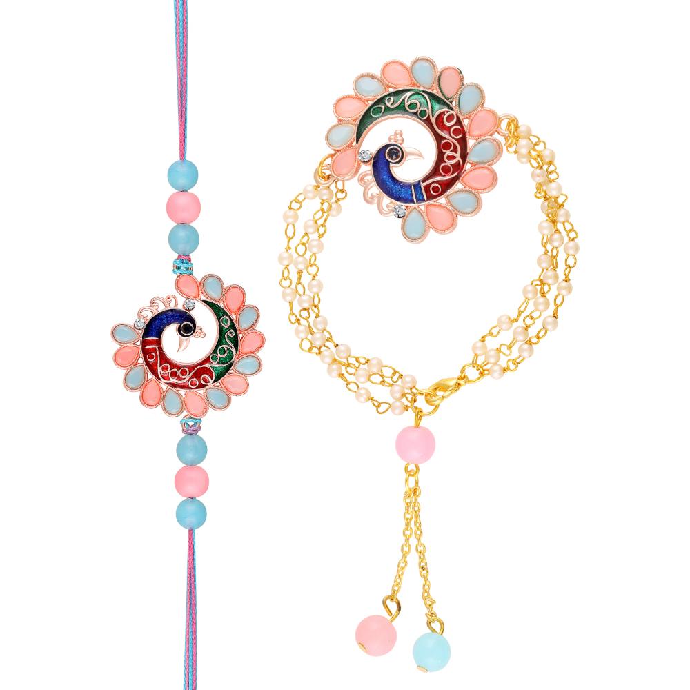 Mahi Colorful Peacock-Themed Couple Rakhi Set | Bhaiya Bhabhi Rakhi with Enamel Work & Artificial Pearl Chain Bracelet (RCOL1105854G)