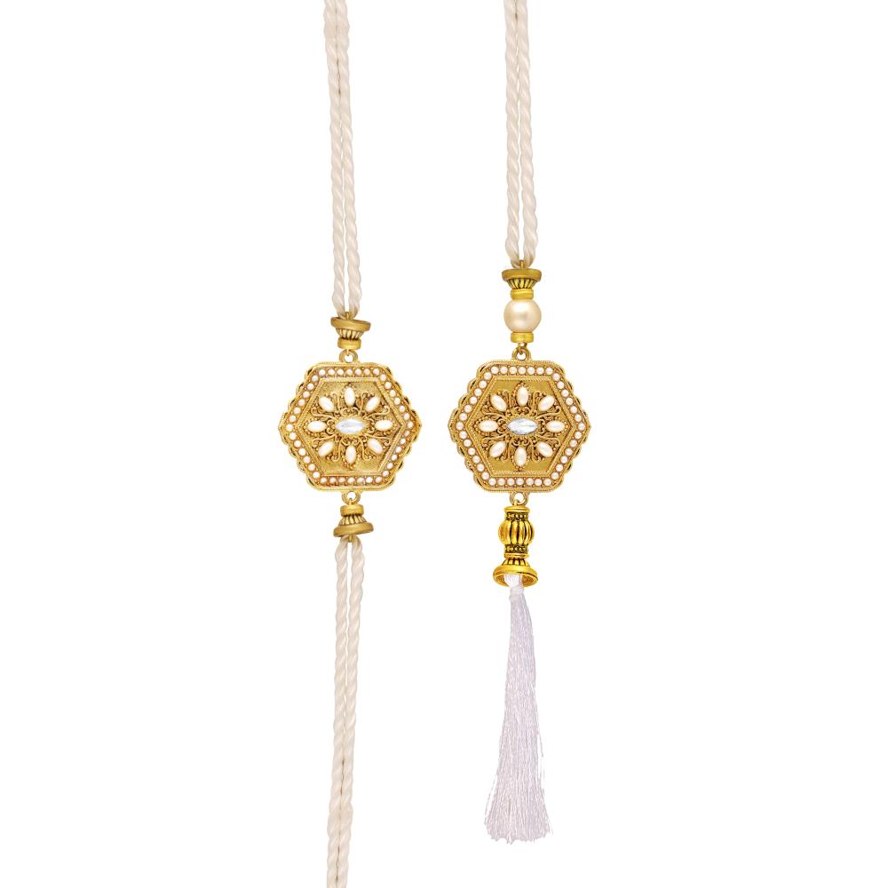 Mahi Royal White & Gold Couple Rakhi Set | Bhaiya Bhabhi Rakhi with Artificial Pearl Accents & Tassel Lumba (RCOL1105857G)
