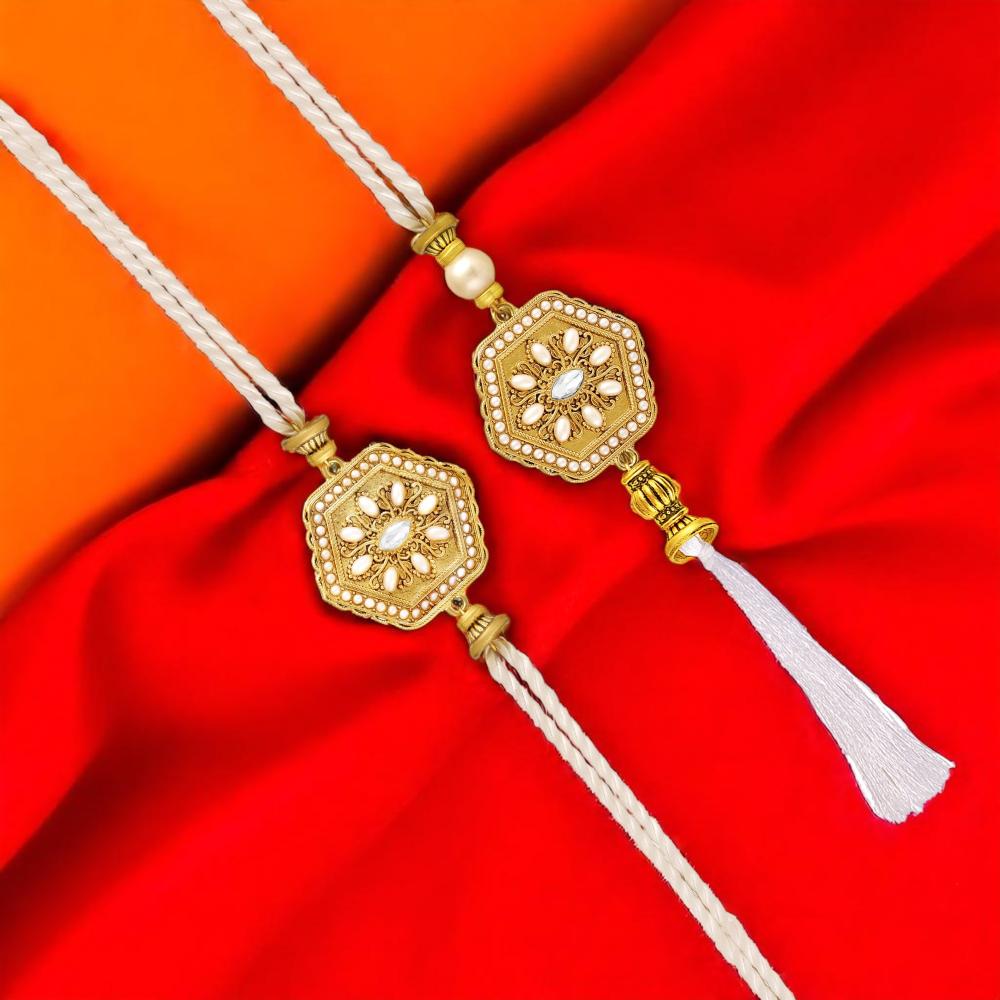 Mahi Royal White & Gold Couple Rakhi Set | Bhaiya Bhabhi Rakhi with Artificial Pearl Accents & Tassel Lumba (RCOL1105857G)