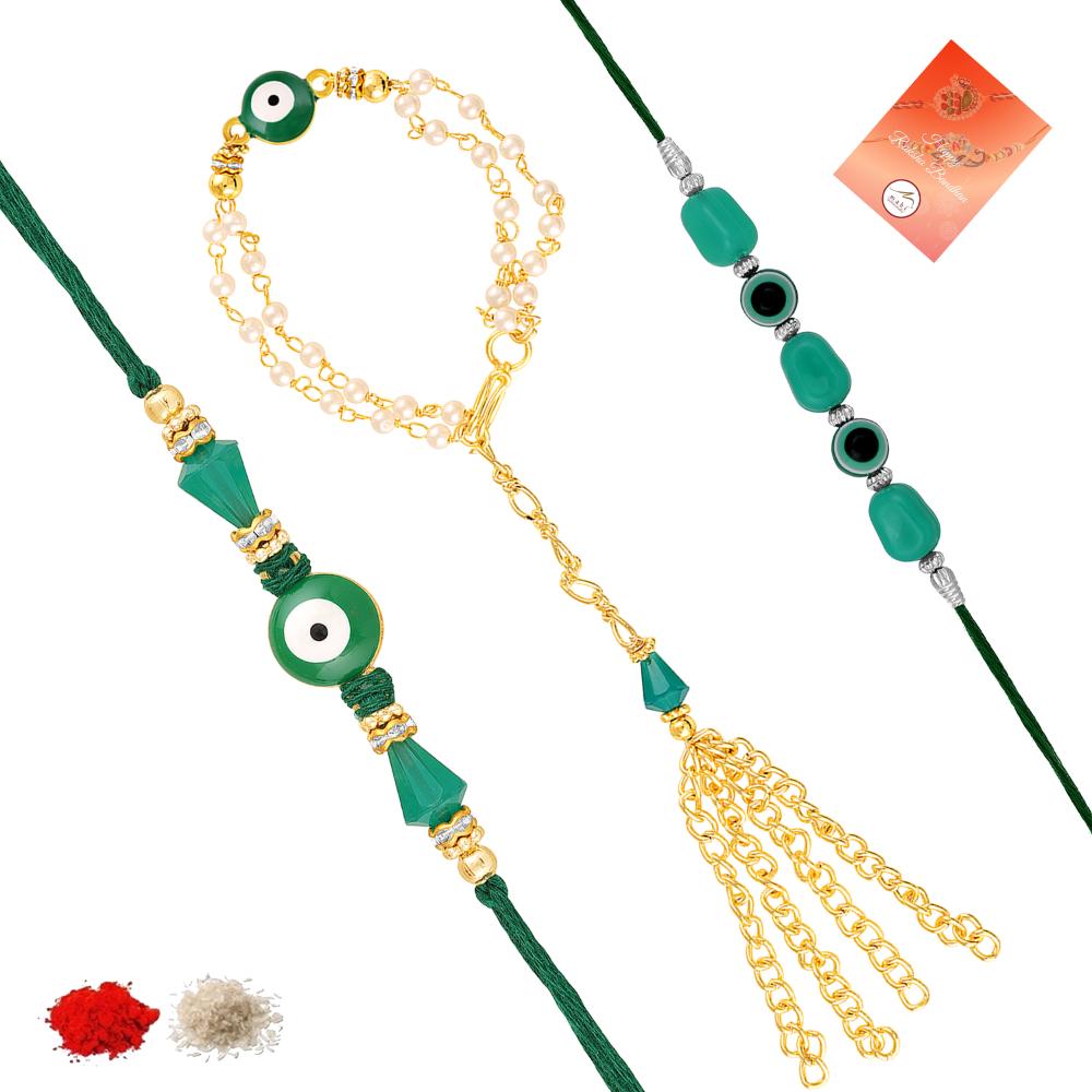 Mahi Combo of Evil Eye Rakhi Set for Bhaiya Bhabhi and Bhatija With Artificial Beads | Family Rakhi Set (RCOLB1105855M)