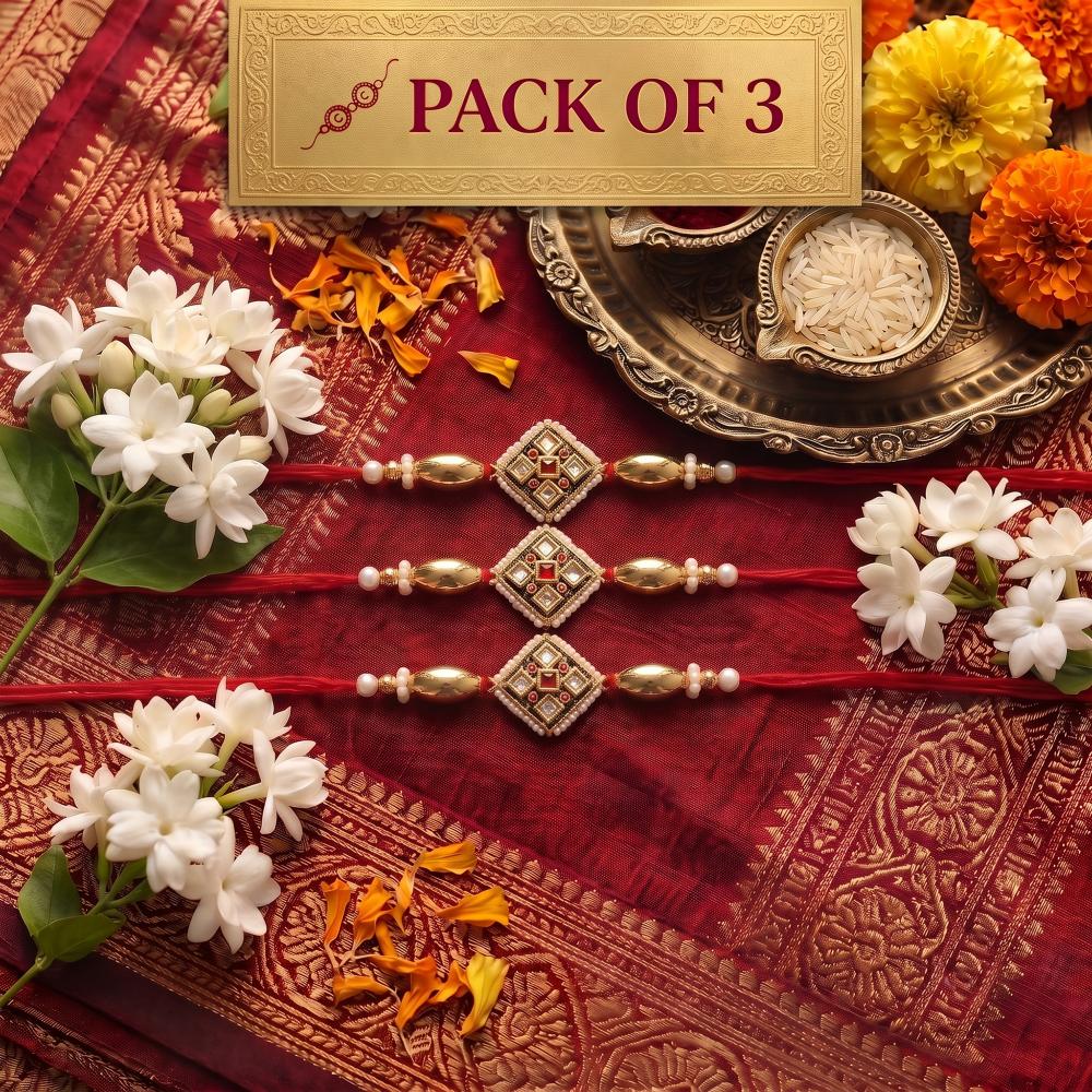 Js Fashion Pack of 3 Antique Designer Pearl Rakhi High Gold