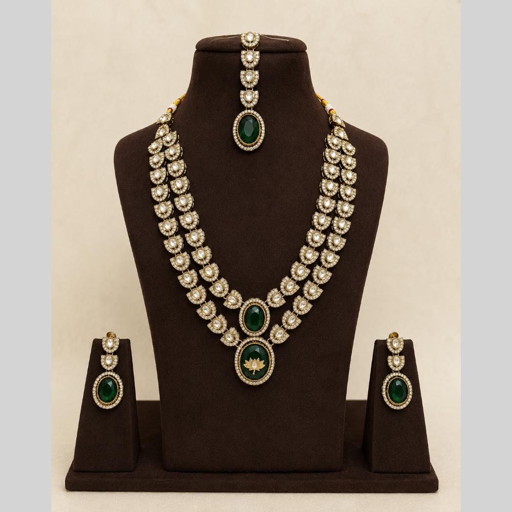 Lalso Double Layer Kundan Bridal Necklace earring maangtikka Jewellery Set with Green Stones for wedding festival - SM-NK501-GR