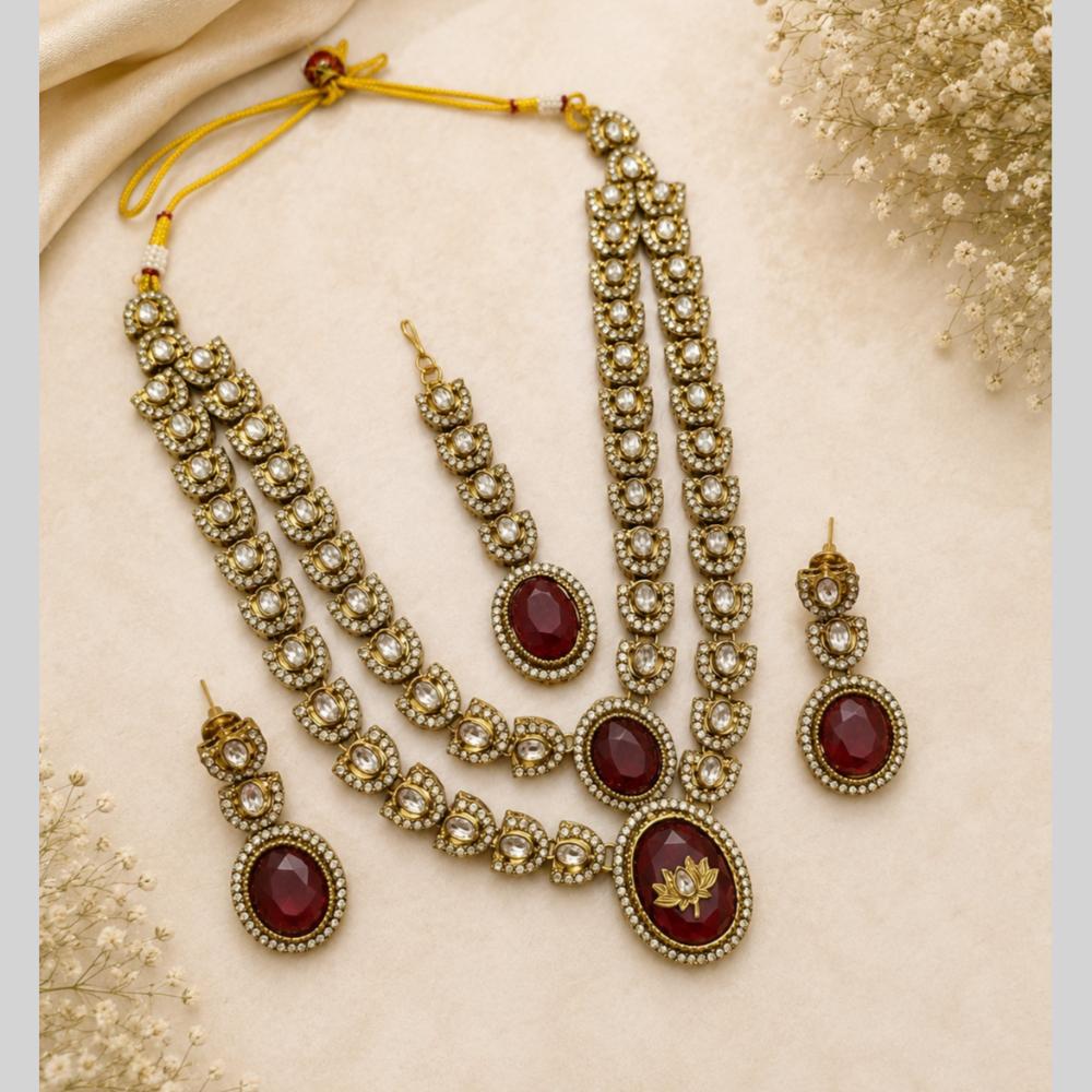 Lalso Double layer Kundan Bridal Necklace earring maangtikka Jewellery Set with Maroon Stones for wedding festival - SM-NK501-MR
