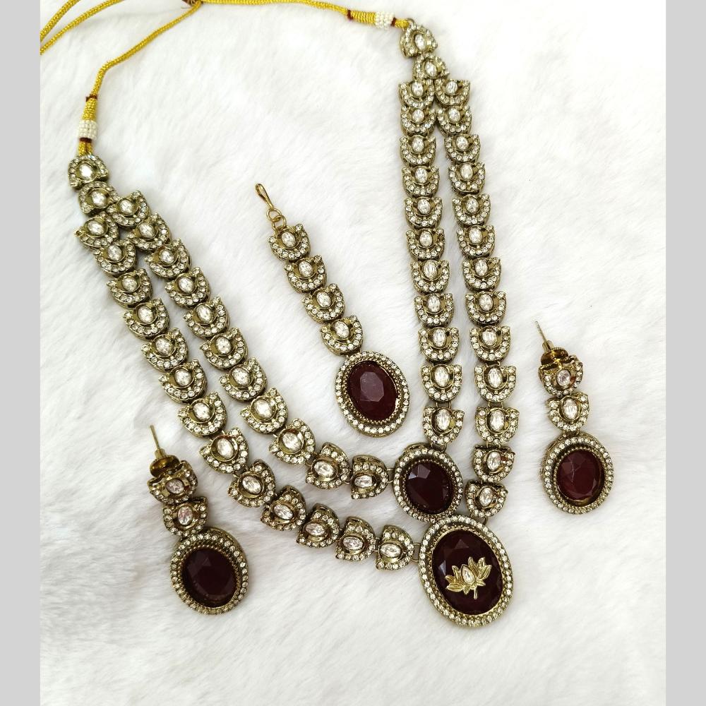 Lalso Double layer Kundan Bridal Necklace earring maangtikka Jewellery Set with Maroon Stones for wedding festival - SM-NK501-MR