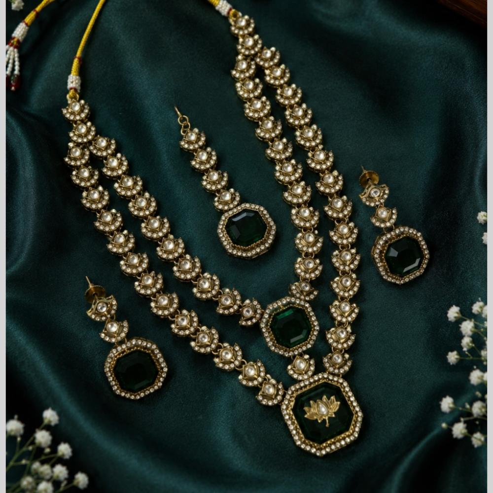 Lalso Double Layer Kundan Bridal Necklace earring maangtikka Jewellery Set with Green Stones for wedding festival - SM-NK502-GR