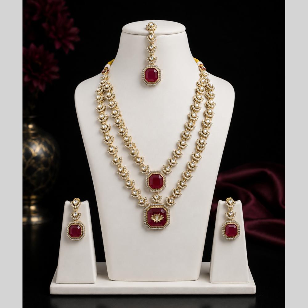 Lalso Double Layer Kundan Bridal Necklace earring maangtikka Jewellery Set with Maroon Stones for wedding festival - SM-NK502-MR