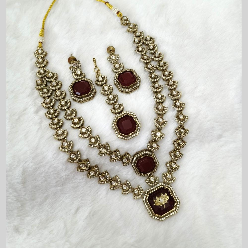 Lalso Double Layer Kundan Bridal Necklace earring maangtikka Jewellery Set with Maroon Stones for wedding festival - SM-NK502-MR