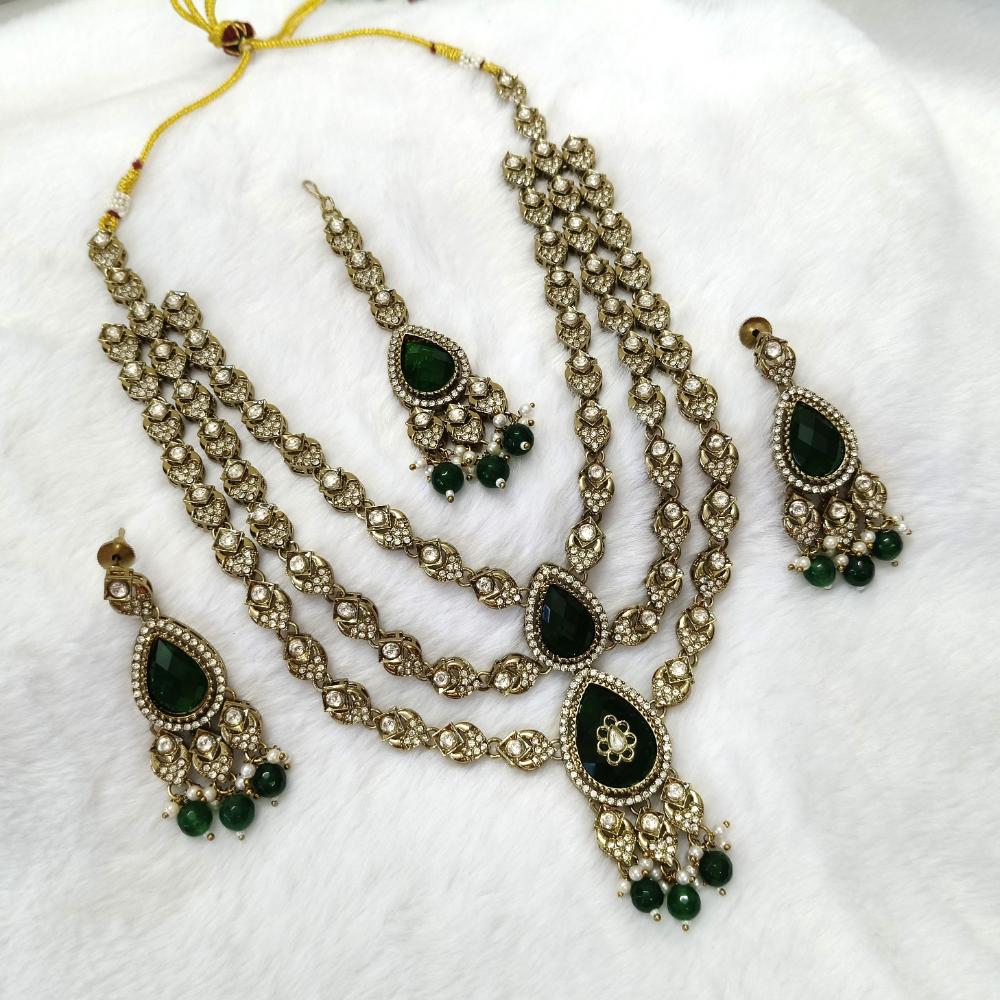 Lalso Tripple Layer Kundan Bridal Necklace earring maangtikka Jewellery Set with Green Stones for wedding festival - SM-NK503-GR