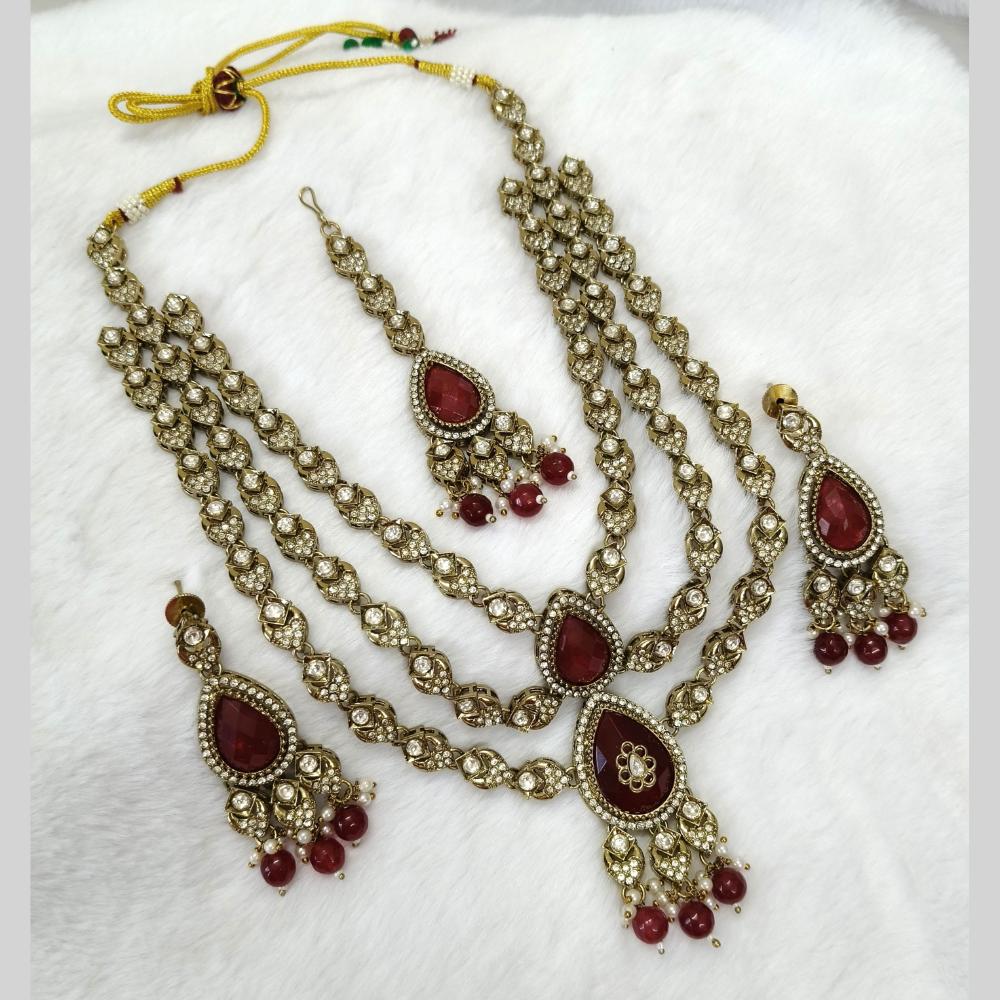 Lalso Tripple Layer Kundan Bridal Necklace earring maangtikka Jewellery Set with Maroon Stones for wedding festival - SM-NK503-MR