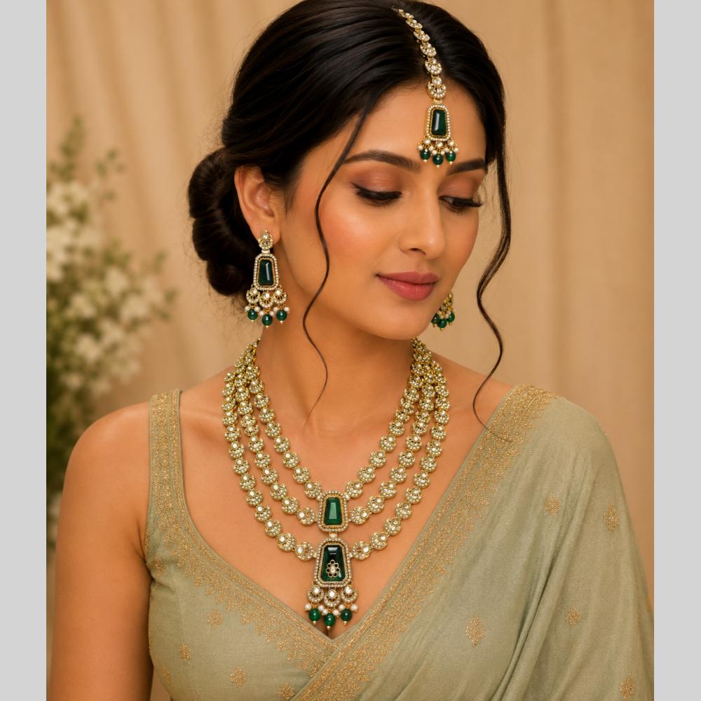 Lalso Tripple Layer Kundan Bridal Necklace earring maangtikka Jewellery Set with Green Stones for wedding festival - SM-NK504-GR