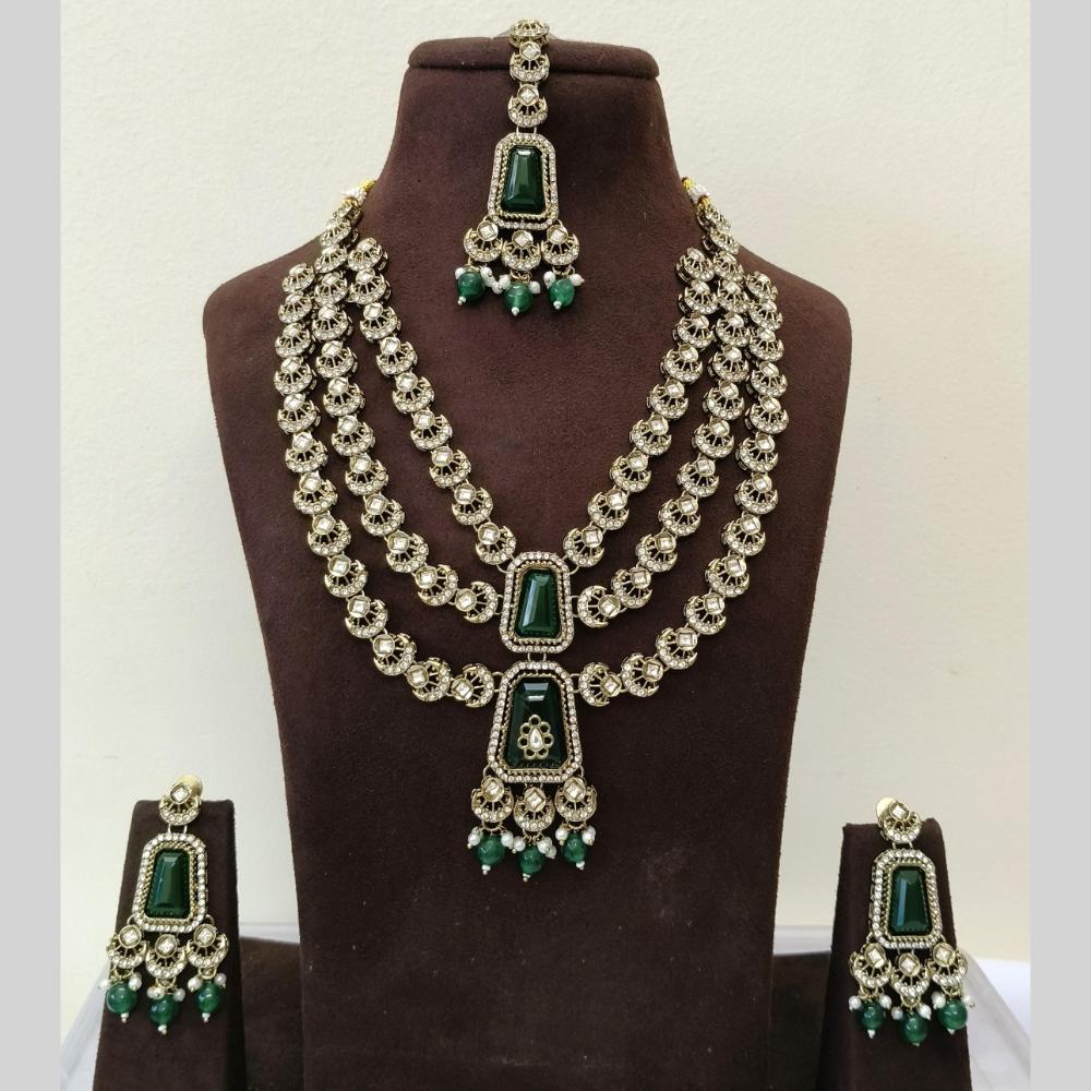 Lalso Tripple Layer Kundan Bridal Necklace earring maangtikka Jewellery Set with Green Stones for wedding festival - SM-NK504-GR