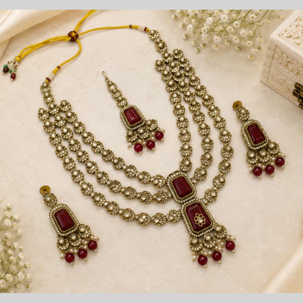 Lalso Tripple Layer Kundan Bridal Necklace earring maangtikka Jewellery Set with Maroon Stones for wedding festival - SM-NK504-MR