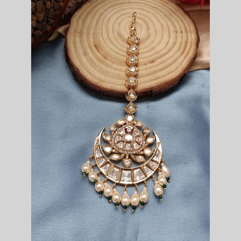 Arham Gold Plated Polki Kundan And Pearl Beads Maangtikka