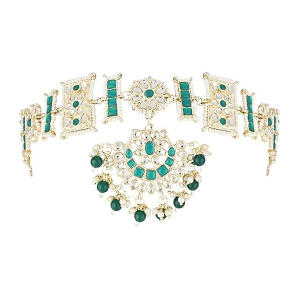 Etnico Gold Plated Floral Kundan & Pearl Sheeshphool/SheeshPatti for Women (T2070G)