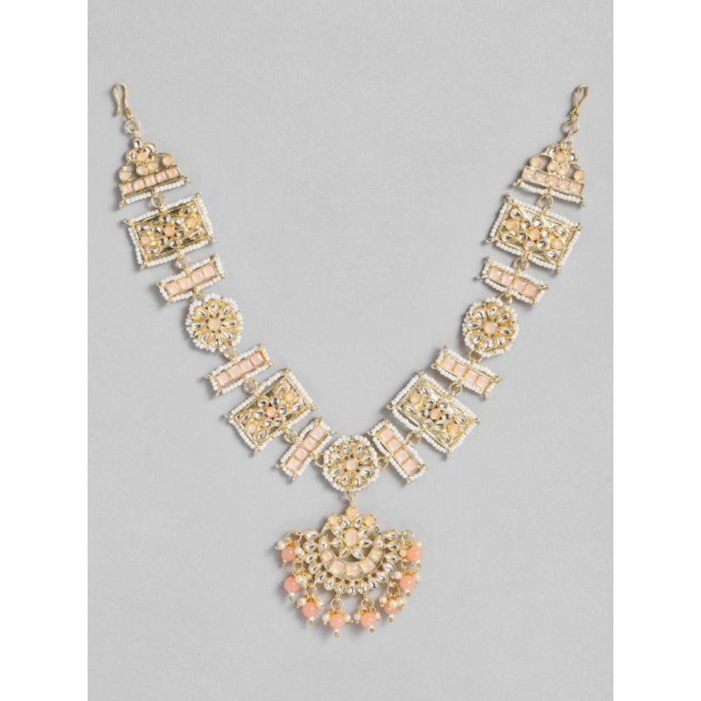 Etnico Gold Plated Floral Kundan & Pearl Sheeshphool/SheeshPatti for Women (T2070Pe)
