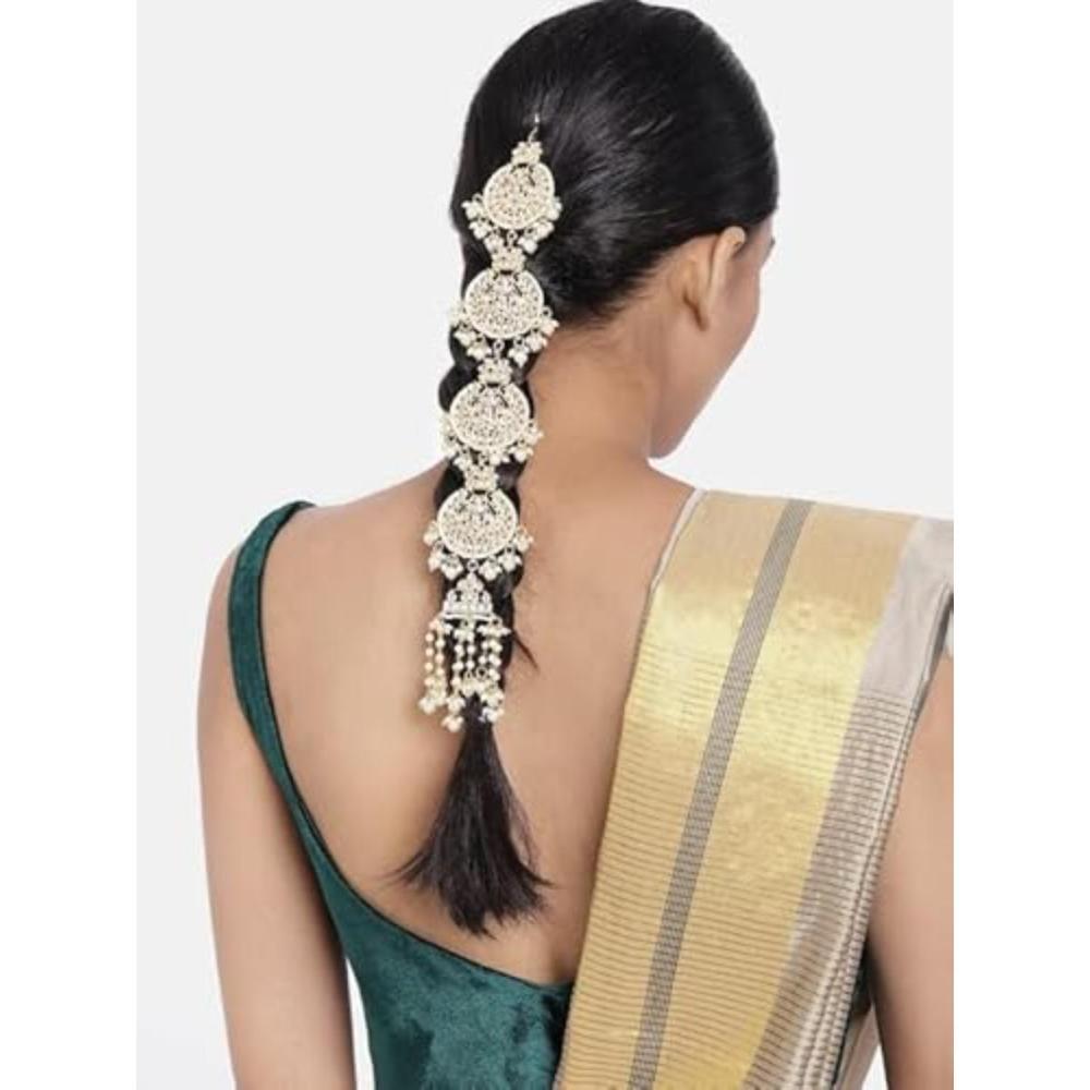Etnico Gold Plated White Kundan and Pearl Paranda/Hair Braid Pin Choti For Bridal (T2097W)