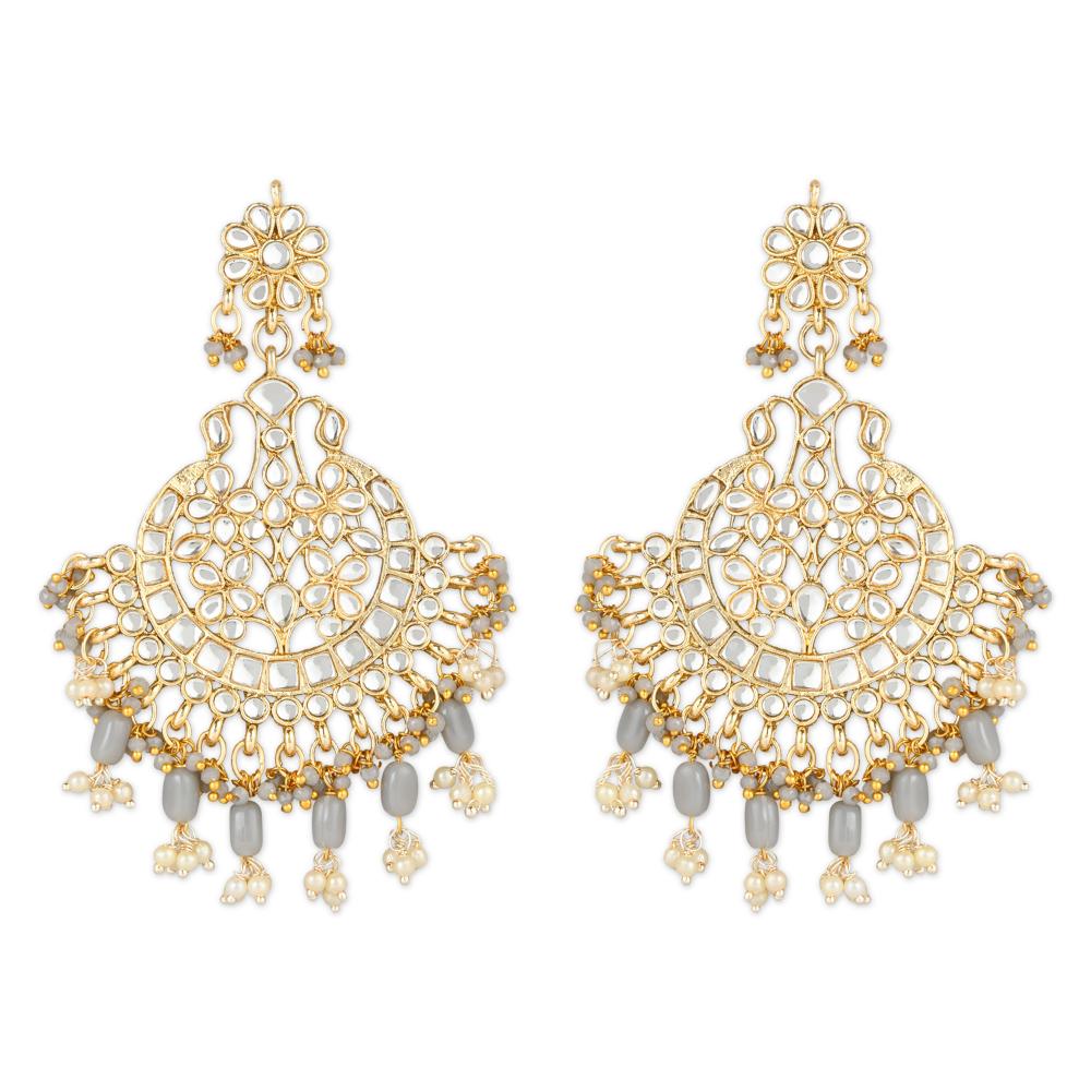 Etnico Gold Plated Traditional Big Kundan & Pearl Chandbali Earrings with Maang Tikka Set for Women/Girls (TE3013Gr)