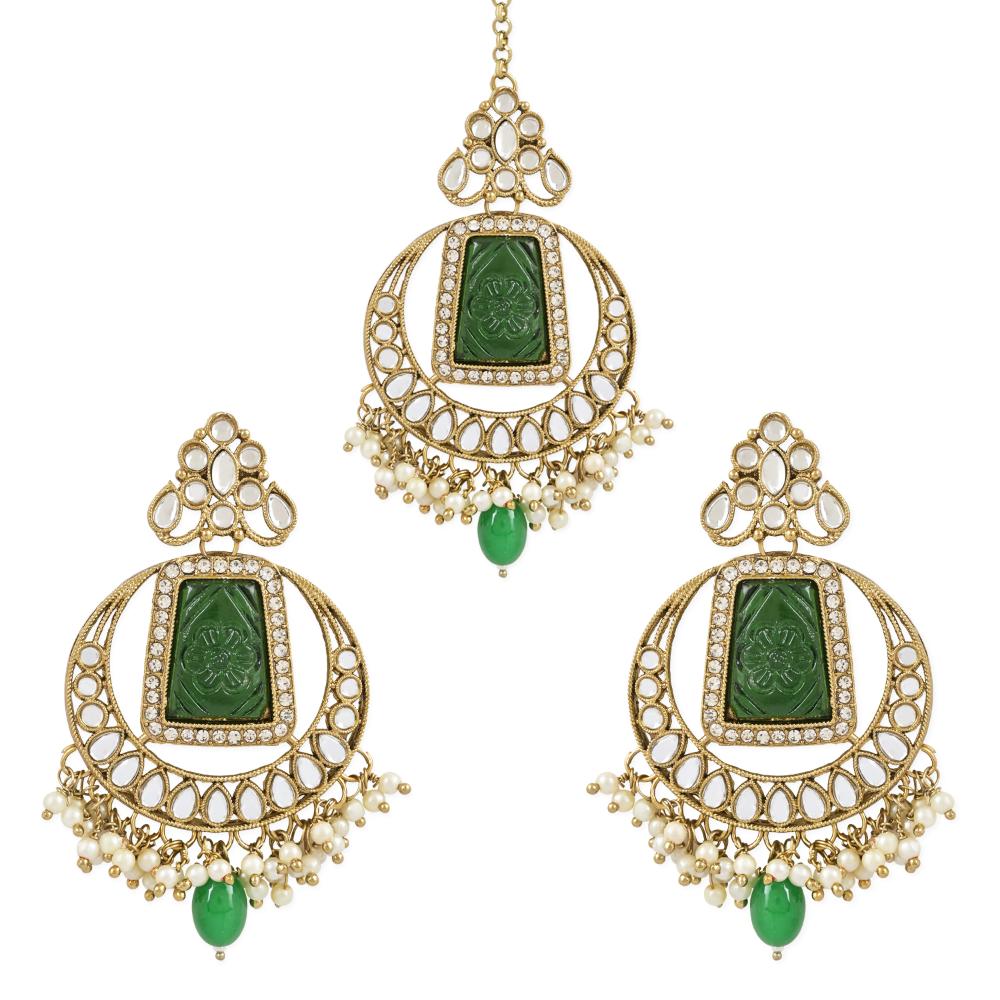 Etnico Gold Plated Traditional Pearl Hanging Kundan Stone Chandbali Earring With Maang Tikka For Women/Girls (TE3028G)