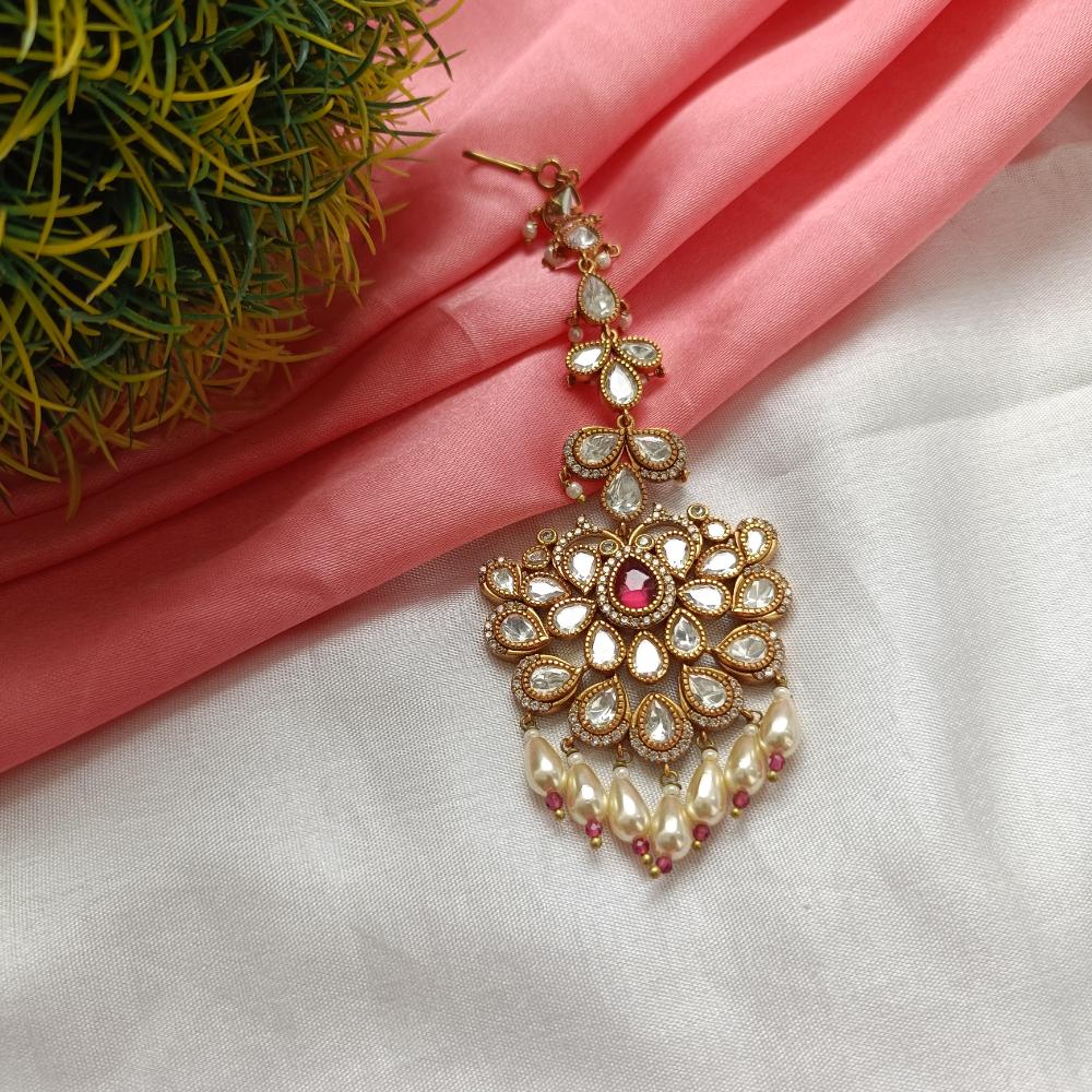 Arham Gold Plated Polki Kundan And Pearl Beads Maangtikka