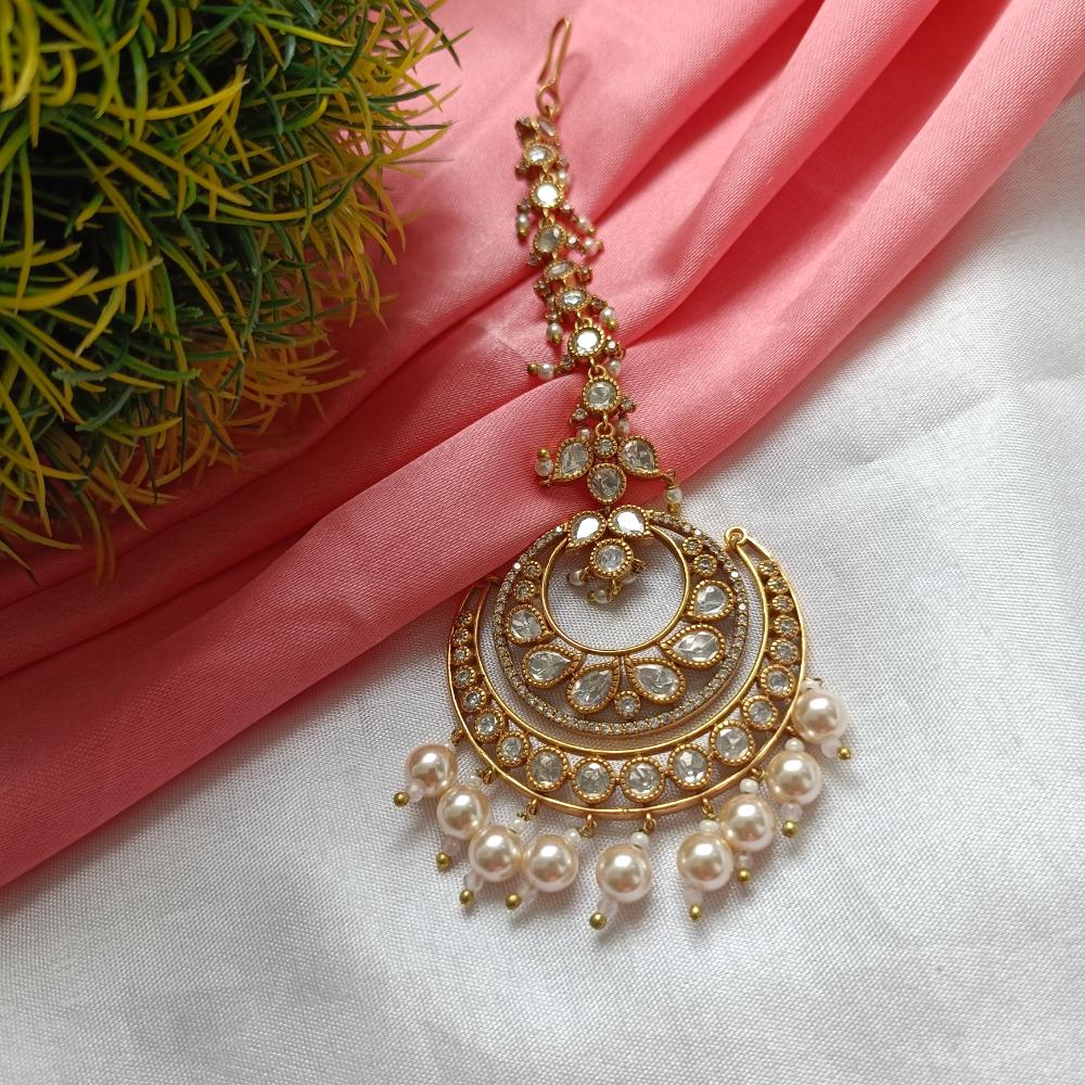 Arham Gold Plated Polki Kundan And Pearl Beads Maangtikka
