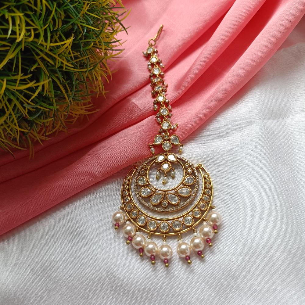 Arham Gold Plated Polki Kundan And Pearl Beads Maangtikka