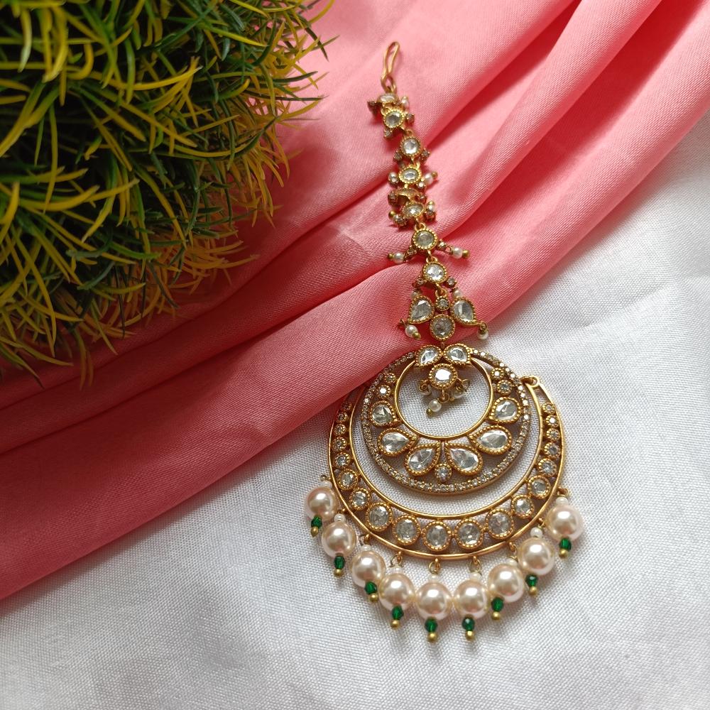 Arham Gold Plated Polki Kundan And Pearl Beads Maangtikka