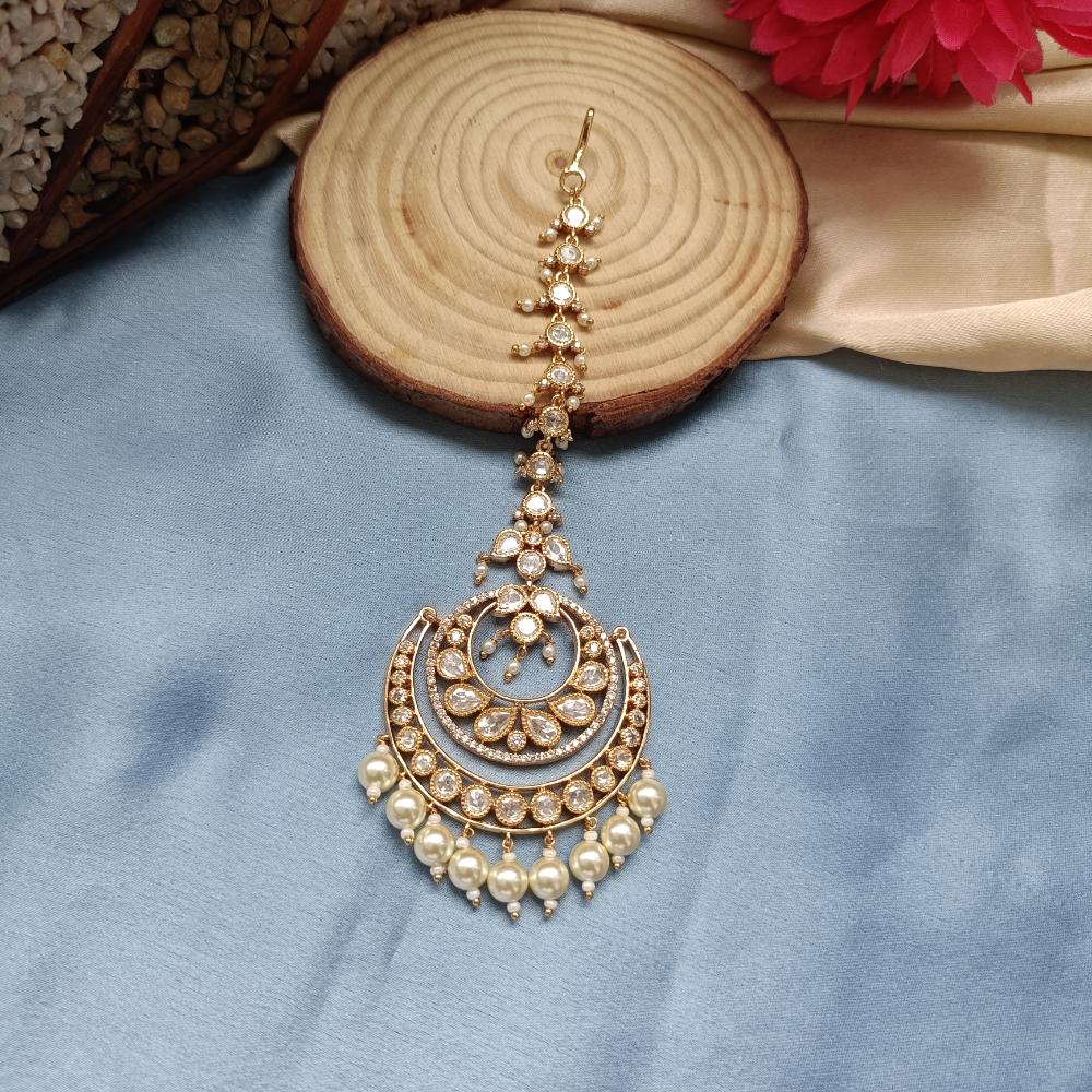 Arham Gold Plated Polki Kundan And Pearl Beads Maangtikka