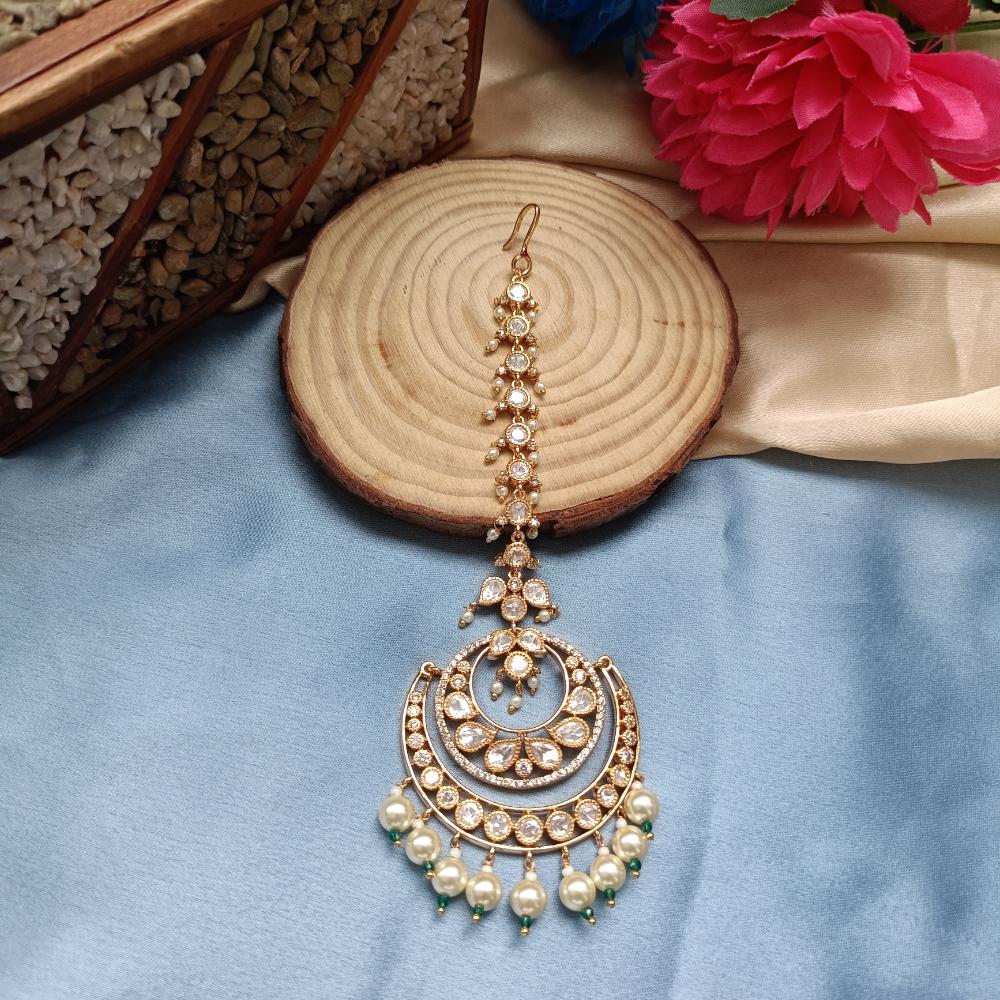 Arham Gold Plated Polki Kundan And Pearl Beads Maangtikka