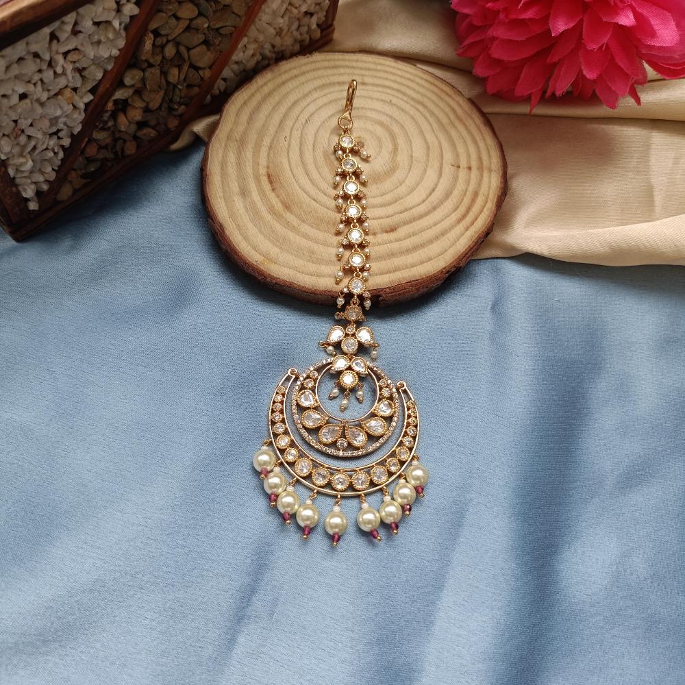 Arham Gold Plated Polki Kundan And Pearl Beads Maangtikka