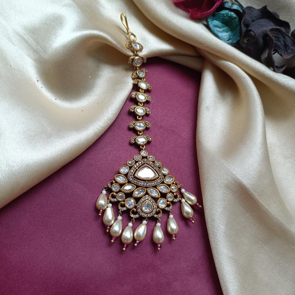 Arham Gold Plated Polki Kundan And Pearl Beads Maangtikka