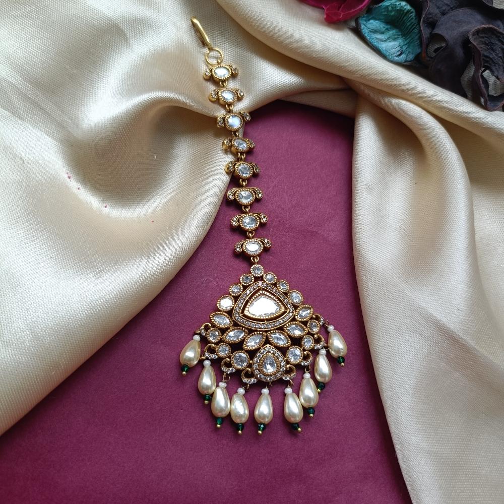 Arham Gold Plated Polki Kundan And Pearl Beads Maangtikka