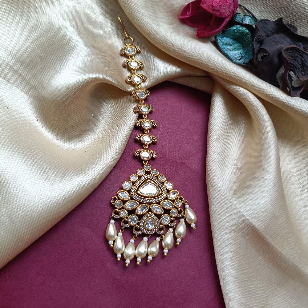 Arham Gold Plated Polki Kundan And Pearl Beads Maangtikka