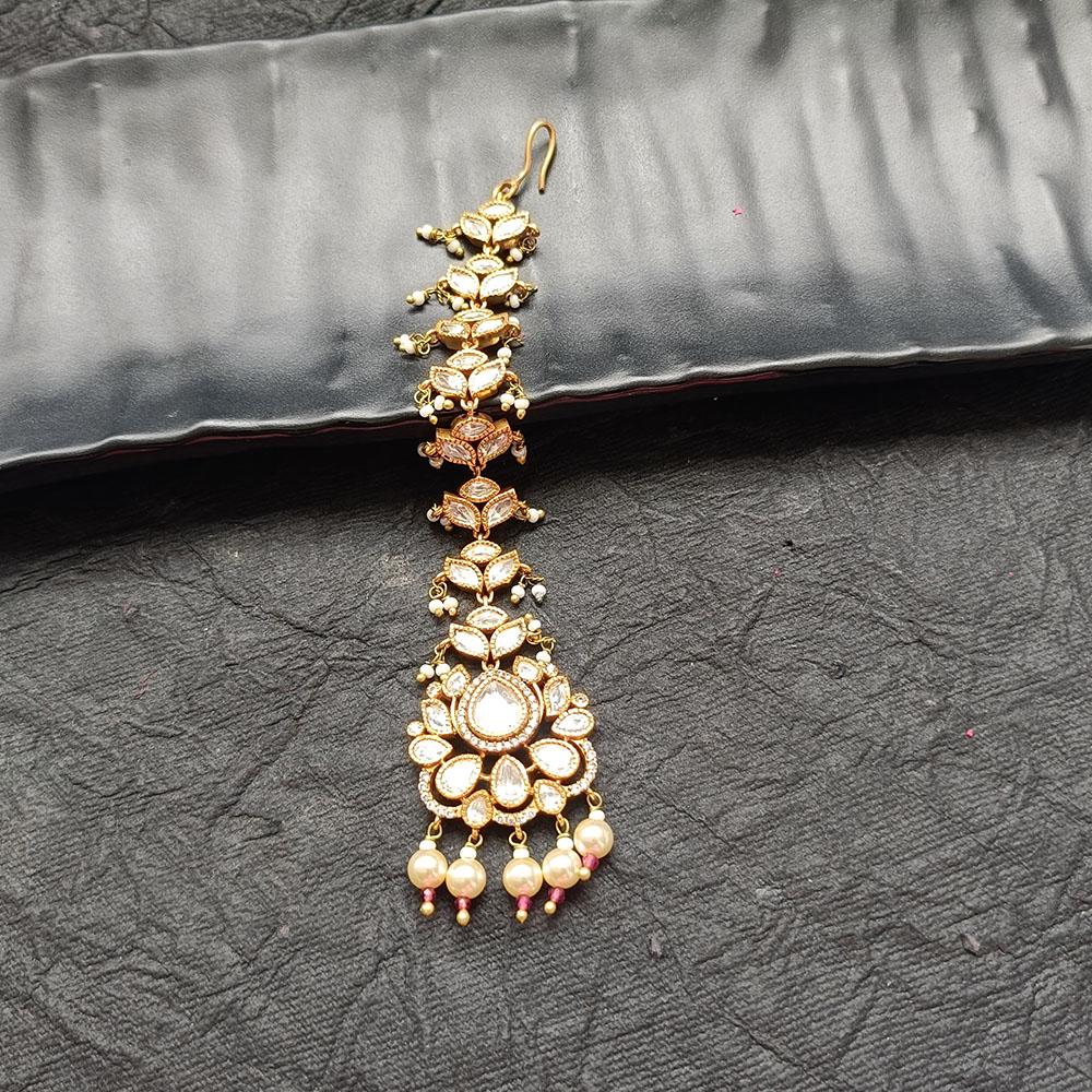 Arham Gold Plated Polki Kundan And Pearl Beads Maangtikka