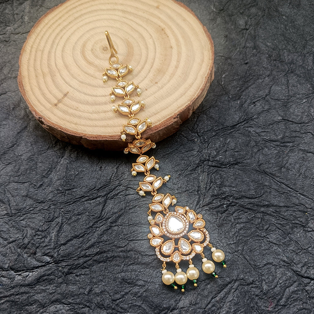 Arham Gold Plated Polki Kundan And Pearl Beads Maangtikka