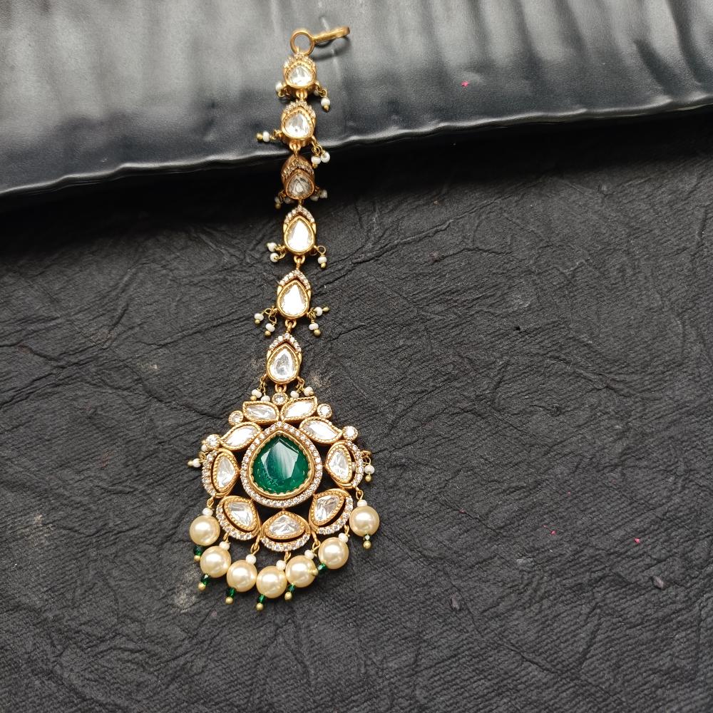 Arham Gold Plated Polki Kundan And Pearl Beads Maangtikka
