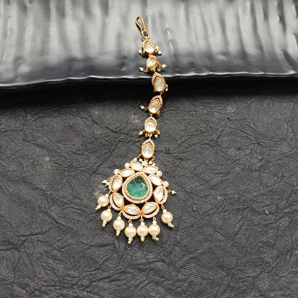 Arham Gold Plated Polki Kundan And Pearl Beads Maangtikka